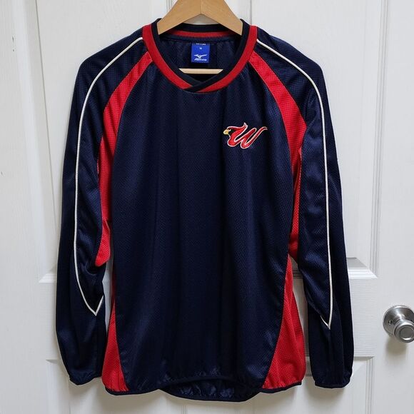 Mizuno Windbreaker Mens M Blue Red Cardinal W Logo Embroidered Long Slv Pullover - Picture 1 of 14